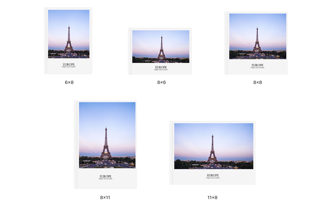 6x8(150x210), 8x6(200x147), 8x8(198x198), 8x11(197x278), 11x8(270x200)