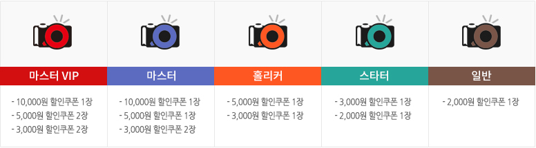 회원등급:마스터 VIP, 마스터, 홀리커, 스타터, 일반