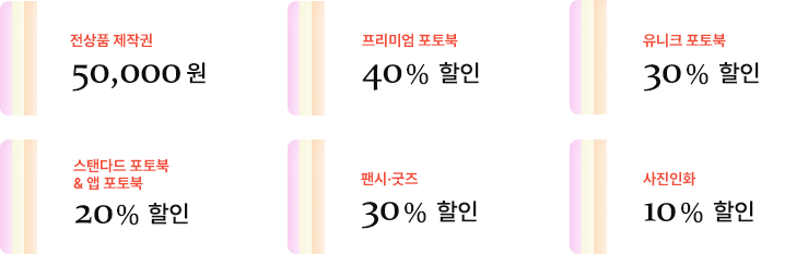 전상품 제작권 50,000원, 프리미엄 포토북 40%할인, 유니크 포토북 30%할인, 스탠다드 포토북&앱 포토북 20%할인, 팬시·굿즈 30% 할인, 사진인화 10%할인