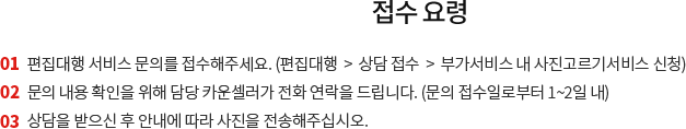 접수요령 - 1. 편집대행 서비스 문의를 접수해주세요. 2. 문의 내용 확인을 위해 담당 카운셀러가 전화 연락을 드립니다. 3.상담을 받으신 후 안내에 따라 사진을 전송해주십시오.