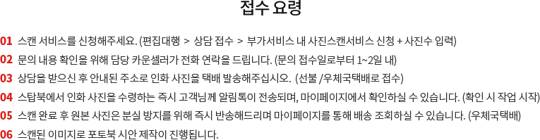 접수 요령 - 1. 스캔 서비스를 신청해주세요. 2. 문의 내용 확인을 위해 담당 카운셀러가 전화 연락을 드립니다. 3. 상담을 받으신 후 안내된 주소로 인화 사진을 택배 발송해주십시오. 4. 스탑북에서 인화 사진을 수령하는 즉시 고객님께 알림톡이 전송되며, 마이페이지에서 확인하실 수 있습니다. 5. 스캔 완료 후 원본 사진은 분실 방지를 위해 즉시 반송해드리며 마이페이지를 통해 배송 조회하실 수 있습니다. 6.스캔된 이미지로 포토북 시안 제작이 진행됩니다.