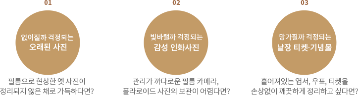 없어질까 걱정되는 오래된 사진, 빛바랠까 걱정되는 감성 인화사진, 망가질까 걱정되는 낱장 티켓∙기념품